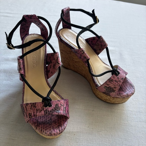 Jimmy Choo Nelson 100 Madeline Elaphe Cork Platform Wedge Sandals 6.5